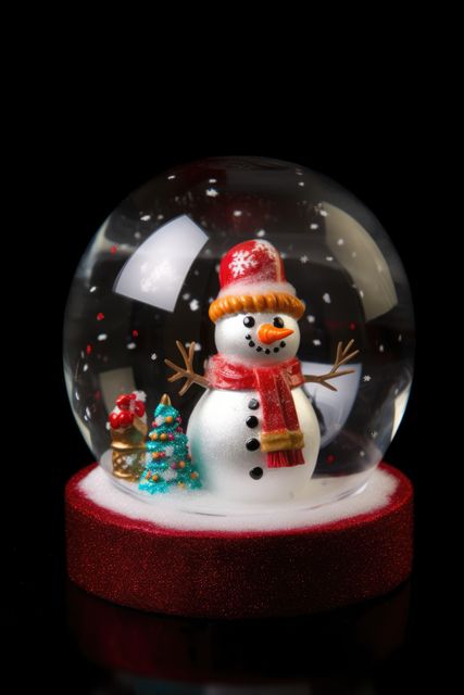 A beautiful snow globe featuring a cheerful snowman with red hat and scarf, next to a decorated tree and gift, surrounded by delicate snowflakes, all on a red base. Captures the essence of Christmas and holiday spirit. Perfect for holiday greeting cards, festive decoration advertisements, or winter-themed promotions.