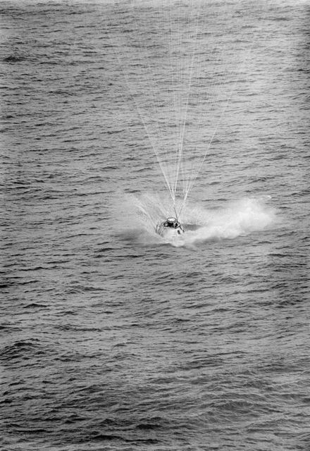 S69-27466 (13 March 1969) --- The Apollo 9 spacecraft, with astronauts James A. McDivitt, David R. Scott, and Russell L. Schweickart aboard, touches down in the Atlantic recovery area to conclude a successful 10-day Earth-orbital space mission. Splashdown occurred at 12:00:53 p.m. (EST), March 13, 1969, only 4.5 nautical miles from the prime recovery ship, USS Guadalcanal.