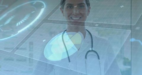 Smiling doctor engaging with futuristic holographic healthcare interface
