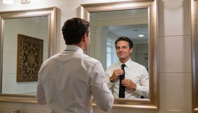 Confident man adjusting tie in elegant bathroom mirror preparing for work