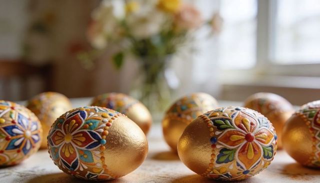 Hand-painted gold easter eggs with ornate floral patterns on linen table by window close-up