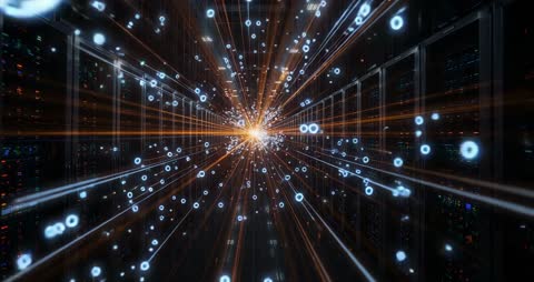 Futuristic Digital Data Stream Flowing Through Technological Corridor