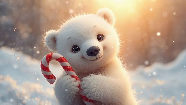 Adorable polar bear cub holding candy cane in snowy winter forest at golden sunset