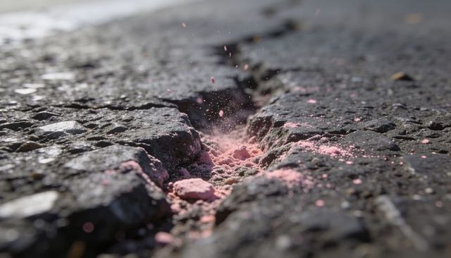 Closeup cracked asphalt fissure holding crushed pink chalk releasing powder and dust plume