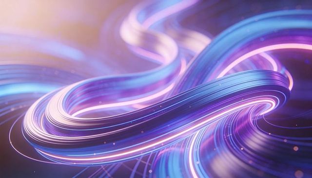 Neon ribbon flow twisting with metallic striations and glowing particle trails