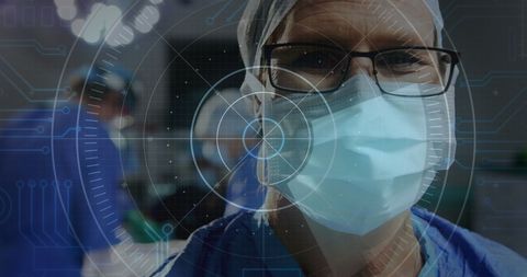 Senior Surgeon Smiling With Futuristic Interaction Overlay