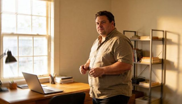 Middle-aged man standing in sunlit home office with laptop on wooden desk, working