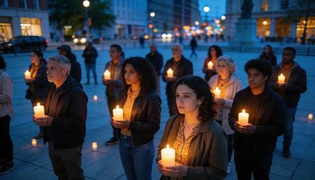 Candlelight vigil in city plaza at dusk with diverse people holding candles in remembrance