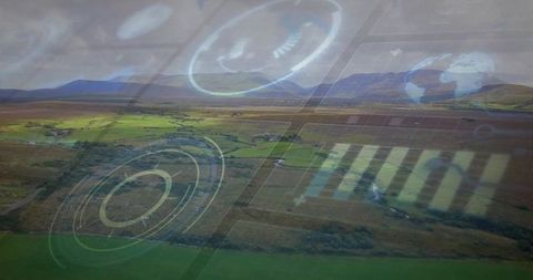 Drone aerial farmland showing hud overlay for precision farming and remote sensing