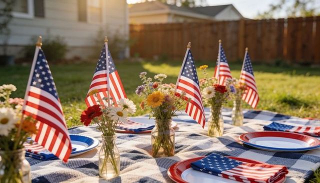 Celebrating patriotic backyard picnic with american flags, mason jars, wildflower bouquets