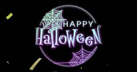 Glowing neon halloween sign celebrating night party with mint-lilac spiderwebs and confetti