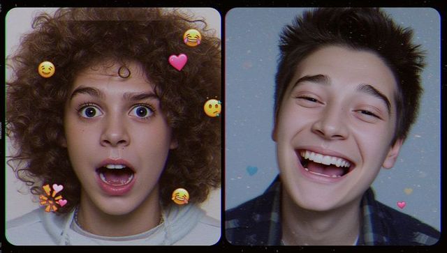 Teen boys reacting to digital filters with emoji overlays
