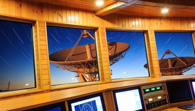 Framing radio telescope dish through control room windows with star trails and console