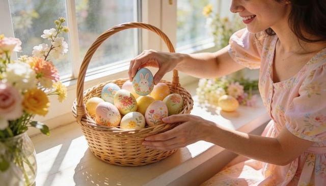 Woman arranging pastel easter eggs in wicker basket on sunlit windowsill, floral dress