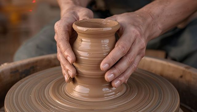 Hands molding clay vessel on wheel in artisan workshop