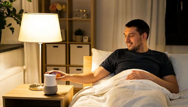 Man controlling smart speaker from bed at night using voice assistant for bedtime comfort