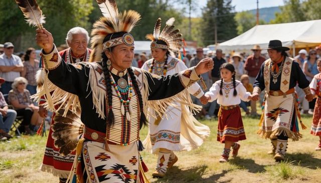 Native american elder dancing in traditional regalia with feather fan at outdoor powwow