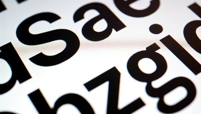 Macro closeup of black sans-serif glyphs on white screen with visible halftone texture