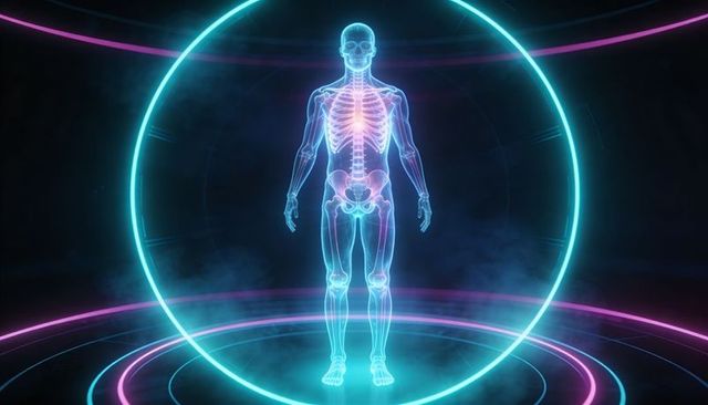 Holographic skeleton highlighting ribcage neon futuristic medical display with energy ring