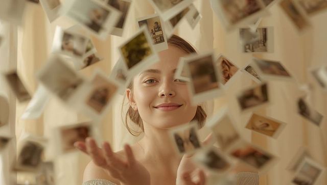 Creative young woman surrounded by floating instant photos
