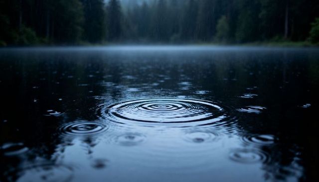 Rippling lake at dusk with concentric raindrop rings and misty treeline
