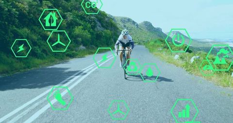 Cyclist In Majestic Alpine Landscape With Green Technology Icons
