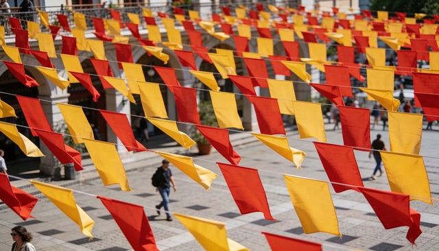 Red and yellow pennant banners waving over sunlit urban plaza with pedestrians, archways, balconies