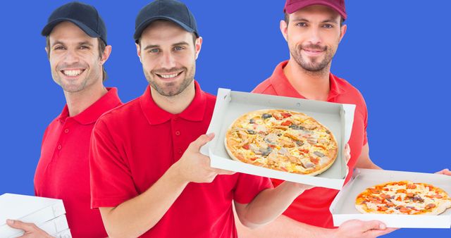 Portrait of smiling caucasian deliverymen with pizzas against blue background, copy space. Digital composite, national pizza day, celebration, explore pizza and its different flavors, fast food.