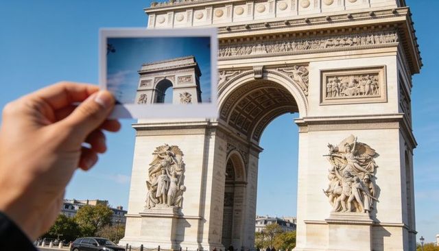 Hand holding instant print framing arc de triomphe paris travel memory tourism