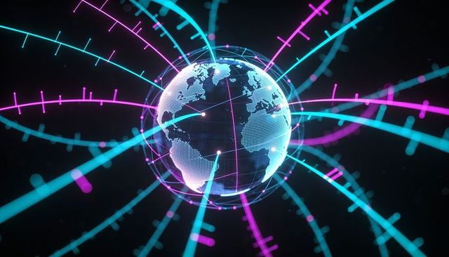 Holographic global network with neon orbital trails, digital mesh globe and data nodes
