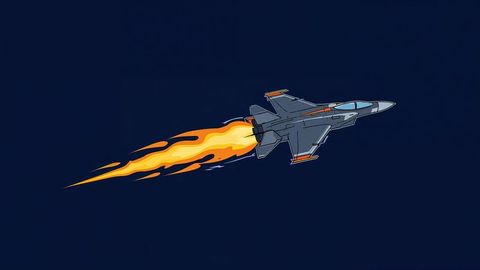 Military fighter jet flying at night with fiery afterburner