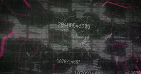 Cyber security threat with skull and numeric code