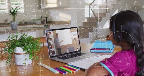 Young Girl Learning Math Online Watching Teacher on Laptop