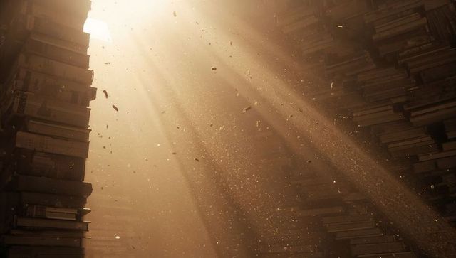 Sunlight streaming through towering book stacks, dust particles floating in sepia