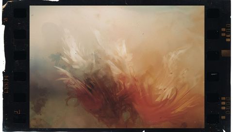 Ethereal analog film frame featuring feathery floral swirls and vintage sprocket border