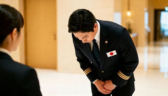 Uniformed japanese staff bowing inside elegant lobby showing respectful hospitality etiquette
