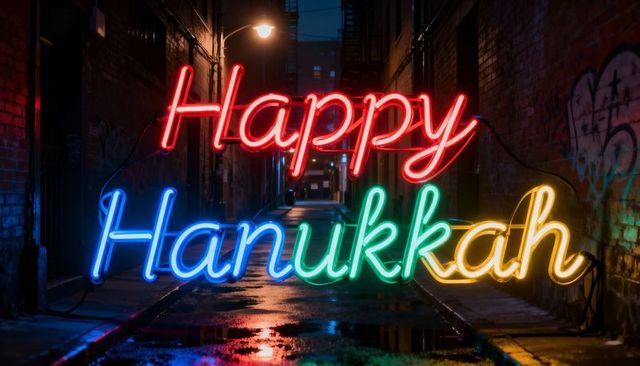 Vibrant Happy Hanukkah Neon Sign Casting Colorful Puddle Reflections in Urban Alley