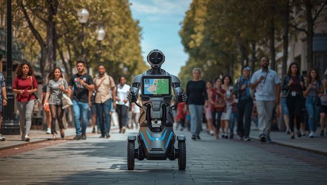 Autonomous humanoid service robot navigating crowded urban promenade with interactive map