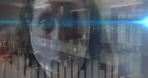 Digital data overlay with masked woman during covid-19 pandemic