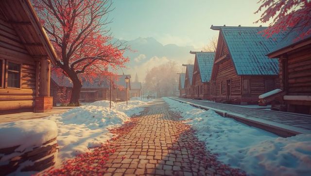 Scenic Mountain Village in Winter with Red Leaves and Wooden Cabins