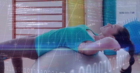 Woman exercising on stability ball with data technology overlay
