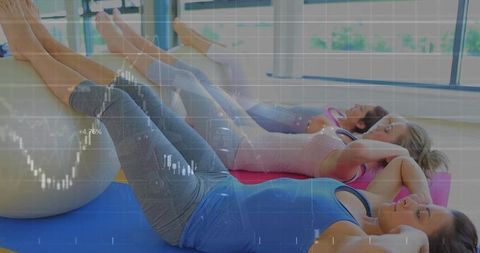Women performing core workout with exercise balls on mats and stock chart overlay
