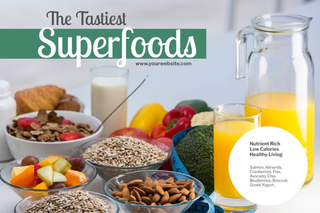 Variety of Superfoods with Orange Juice and Nutritional Labels - Download Free Stock Templates Pikwizard.com