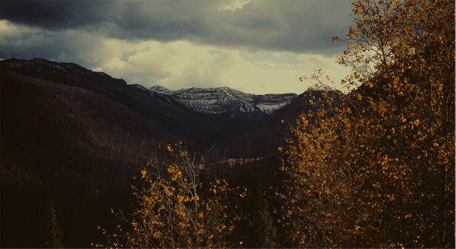 Snowcapped mountains are seen under dark and moody clouds in the distance, surrounded by autumnal trees with orange and yellow leaves. This photo could be used for travel blogs, nature magazines, or inspiring backgrounds for presentations.