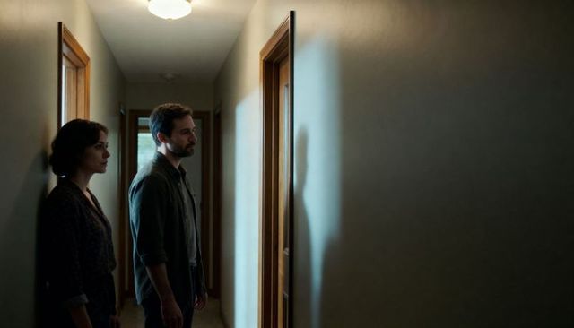 Moody couple standing in dim hallway facing closed door casting long shadow, copy space