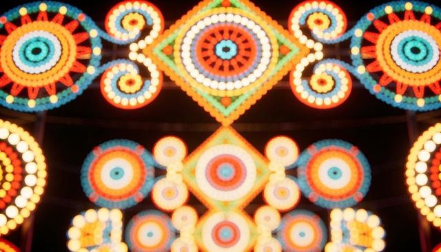 Vibrant circular and diamond festival lights creating kaleidoscopic bokeh display at night