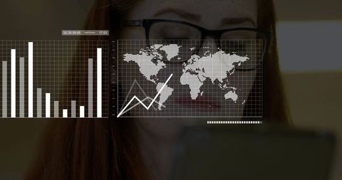 Woman Analyzing Global Data Visualizations on Tablet with Glasses and Digital Charts