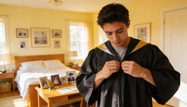 Young graduate fastening gown in bedroom with family portraits and warm morning light