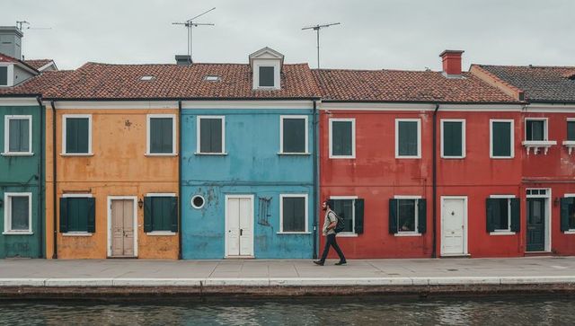 Man walking along canal past colorful weathered houses, backpack urban stroll on overcast day