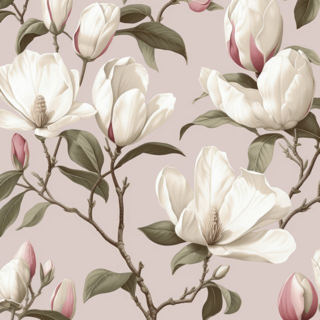 Delicate magnolia flowers in soft pastel colors forming an elegant seamless pattern, ideal for use in wallpaper designs, fabric patterns, and stationary or background decorations. Great for adding a touch of nature's beauty to home decor projects.